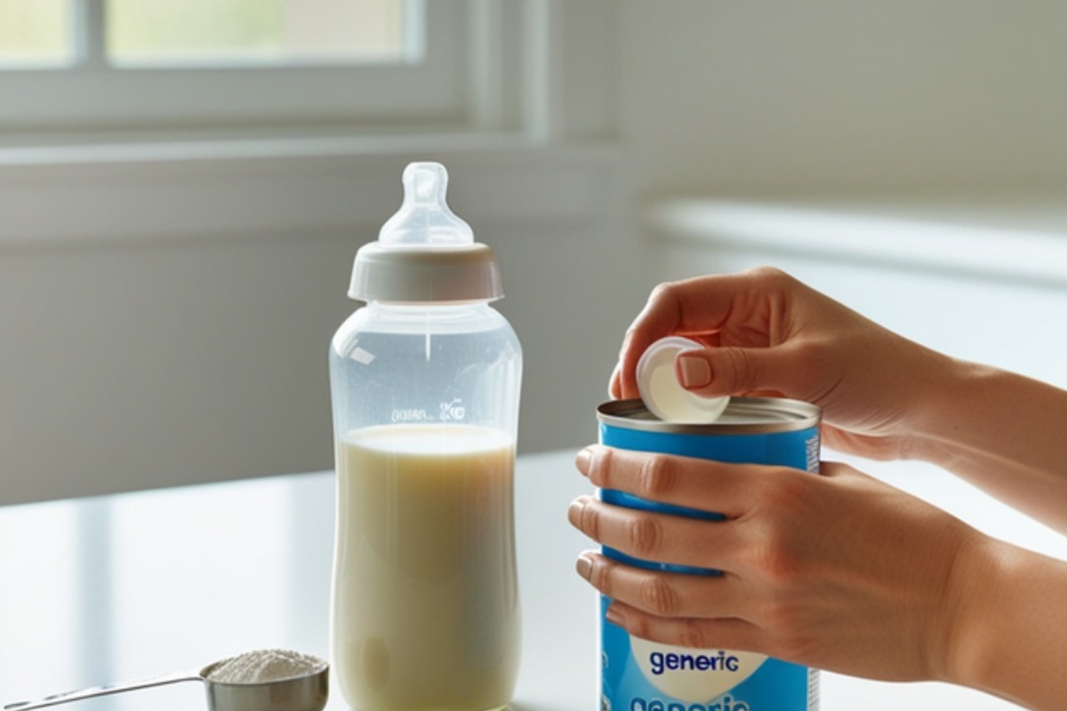 Mamá preparando una mamadera con leche de fórmula para bebé