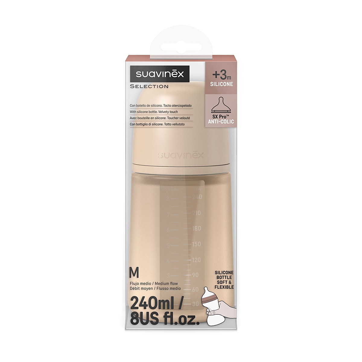 Imagen 7 de 17 de Mamadera Suavinex Colour Essence 240ml Silicona Fisiológica SX Pro Flujo Medio