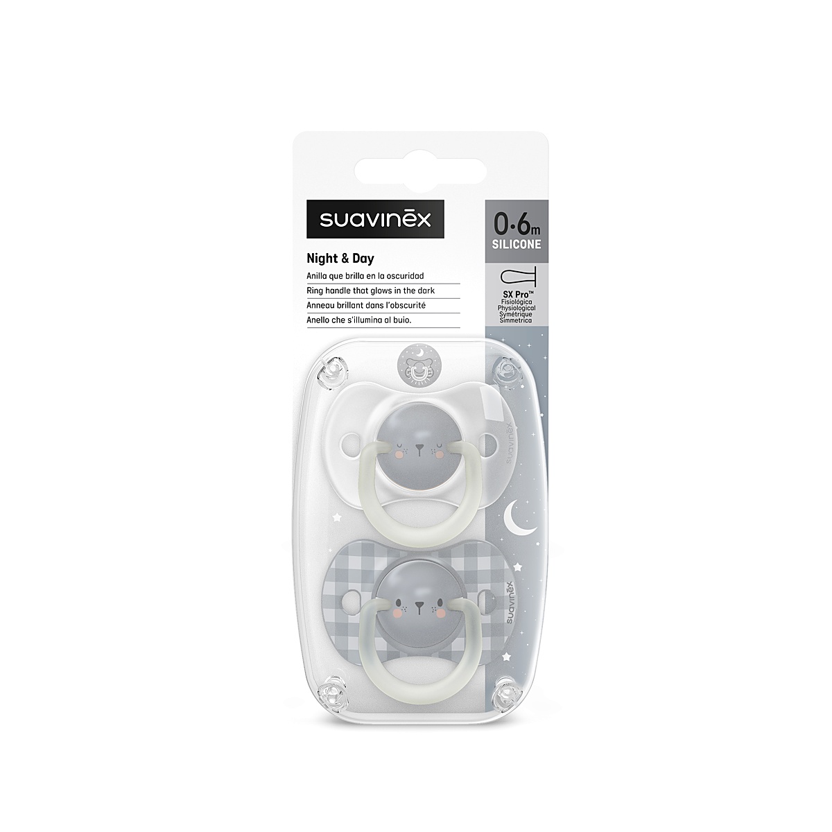 Imagen 7 de 28 de Chupete Fisiológico Suavinex Night & Day x2 con Anilla Luminiscente 0-6 / 6-18 Meses