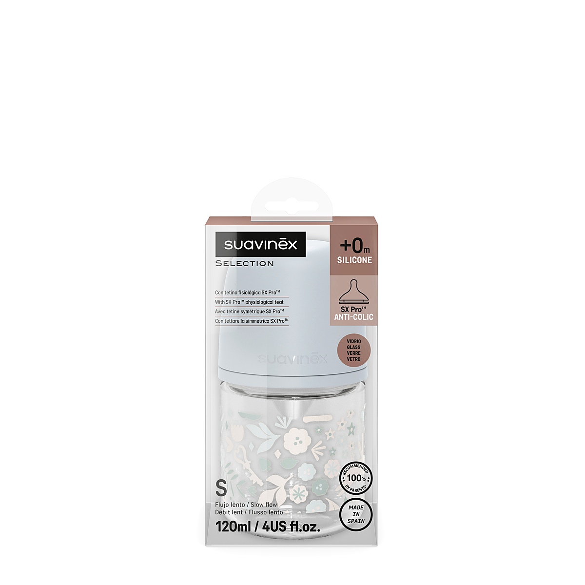 Imagen 5 de 12 de Mamadera Suavinex Wonderland Vidrio 120ml Flujo Lento 0m+