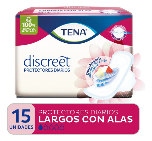 Imagen 1 de 6 de Protector Diario Tena Discreet Largo Alas X 15 Un Tena Discreet 200026