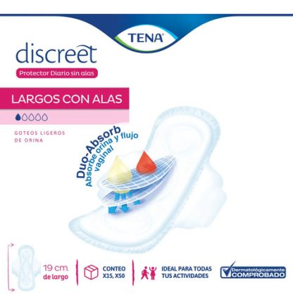 Imagen 3 de 6 de Protector Diario Tena Discreet Largo Con Alas X 15 Un