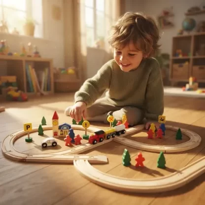 Imagen 2 de 9 de Pista De Tren Madera Con Trencito Y Accesorios Juguete Surtido