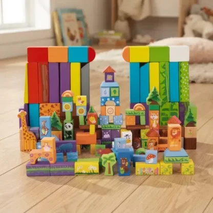Imagen 1 de 9 de Bloques De Madera Zoo 100 Piezas Construcción Animales