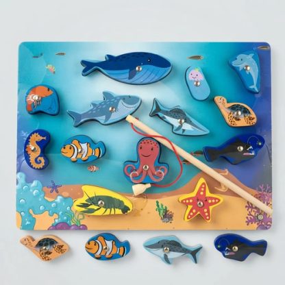 Imagen 1 de 9 de Juego De Pesca Magnético Madera Con Cañas Peces Didáctico