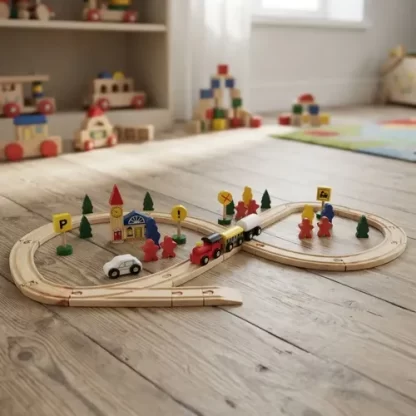 Imagen 1 de 9 de Pista De Tren Madera Con Trencito Y Accesorios Juguete Surtido