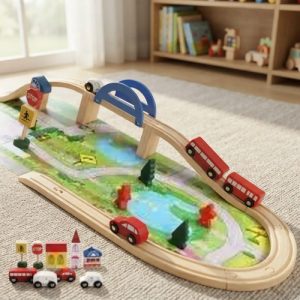 Miniatura 2 de 11 de Autopista De Madera Mini Ciudad Con Autitos Didáctico Surtido