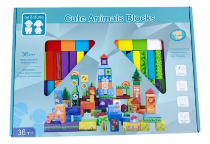 Imagen 3 de 9 de Bloques De Madera Zoo 100 Piezas Construcción Animales