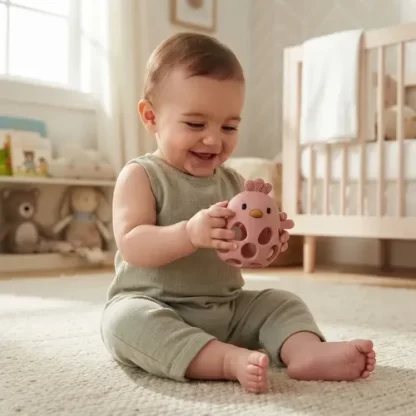 Imagen 2 de 9 de Mordillo Silicona Bebé Pollito Sonajero Apto Para Morder