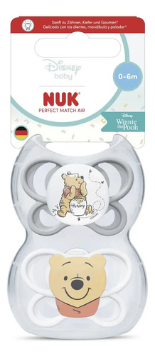 Imagen 1 de 4 de Set 2 Chupetes Nuk Perfect Match Air 0-6m Winnie Pooh Gris