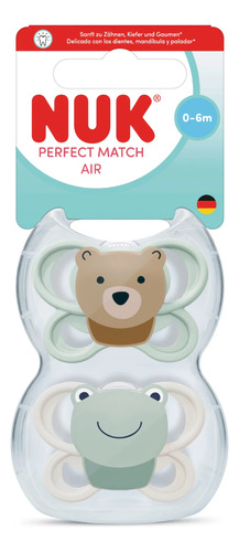 Imagen 1 de 3 de Set 2 Chupetes Nuk Perfect Match Air 0-6m Oso Y Rana
