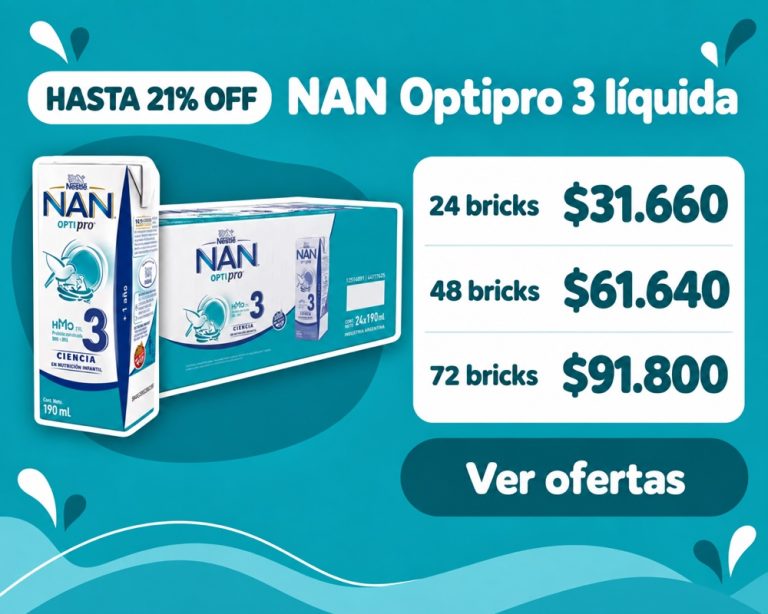 NAN Optipro 3 líquida — HASTA 21% OFF, 24 bricks $31.660, 48 bricks $61.640, 72 bricks $91.800