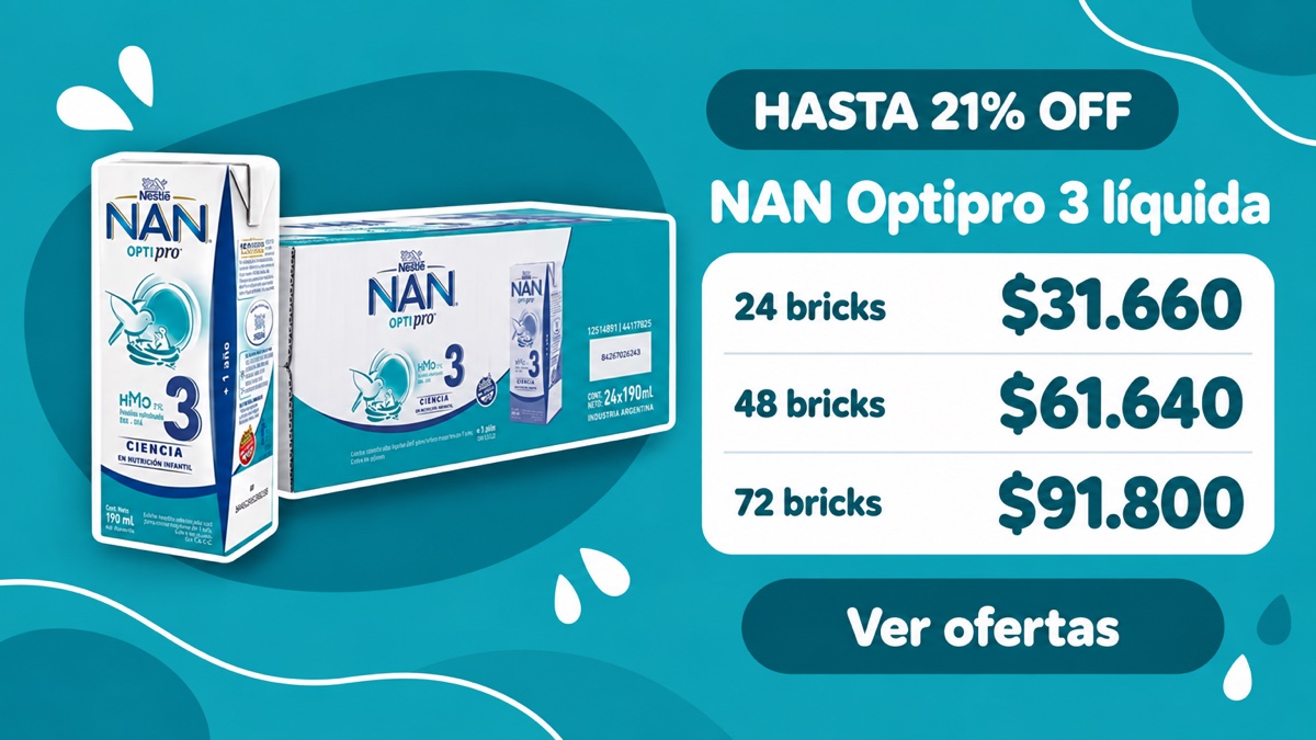 NAN Optipro 3 líquida — HASTA 21% OFF, 24 bricks $31.660, 48 bricks $61.640, 72 bricks $91.800