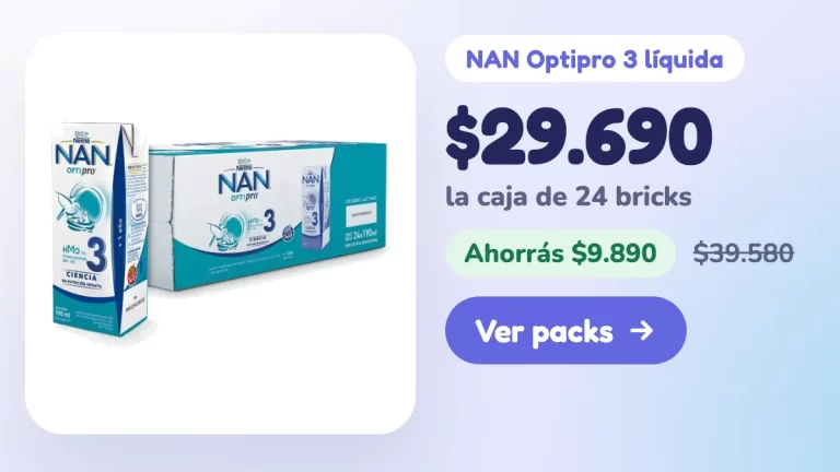 NAN Optipro 3 líquida: 1 caja de 24 bricks $29.690 (antes $39.580), 2 cajas $56.960 (ahorrás $2.420), 3 cajas $81.340 (ahorrás $7.730)