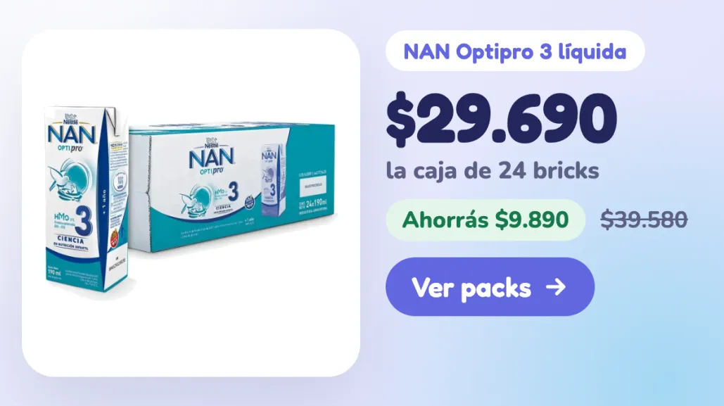 NAN Optipro 3 líquida: 1 caja de 24 bricks $29.690 (antes $39.580), 2 cajas $56.960 (ahorrás $2.420), 3 cajas $81.340 (ahorrás $7.730)