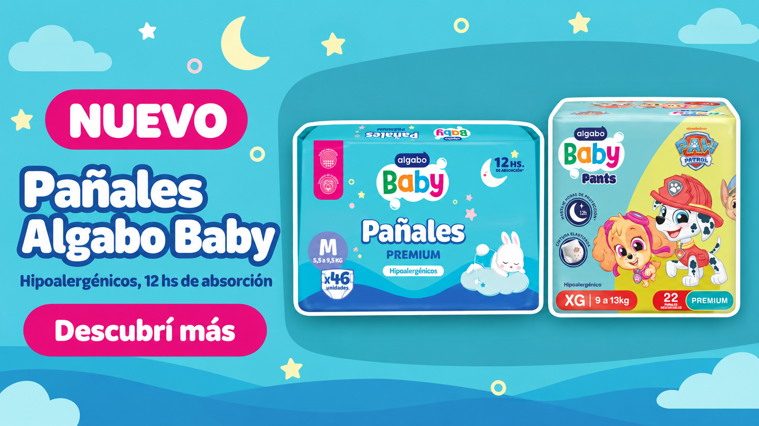 NUEVO — Pañales Algabo Baby: Hipoalergénicos, 12 hs de absorción. Pañales Premium y Pants. Descubrí más