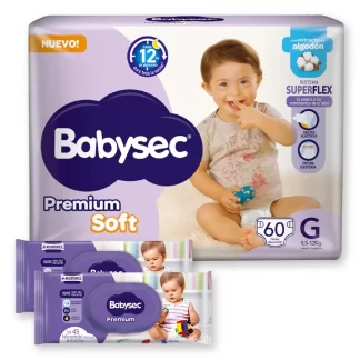 Combo Pañales Babysec Premium Soft + 2 Toallitas Húmedas Babysec Premium x45 - Talle G