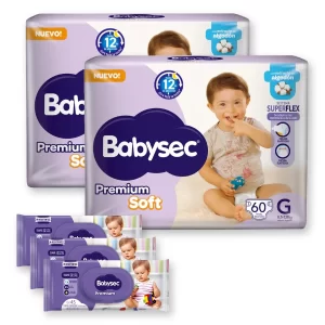 Miniatura 1 de 4 de Combo Mes Completo: 2 Pañales Babysec Premium Soft + 3 Toallitas Húmedas Babysec Premium x45 (G, XG, XXG)