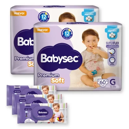 Imagen 1 de 4 de Combo Mes Completo: 2 Pañales Babysec Premium Soft + 3 Toallitas Húmedas Babysec Premium x45 (G, XG, XXG)