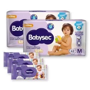 Miniatura 1 de 4 de Combo Mes Completo: 2 Pañales Babysec Premium Soft M x48 + 3 Toallitas Húmedas Babysec Premium x45