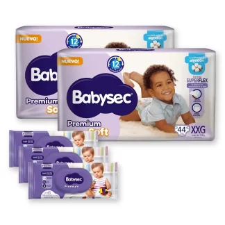 Combo Mes Completo: 2 Pañales Babysec Premium Soft + 3 Toallitas Húmedas Babysec Premium x45 - Talle XXG
