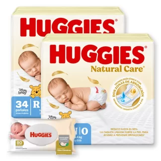 Combo x2 Pañales Huggies Natural Care RN x 34u + Toallitas húmedas con óleo calcáreo x 80u