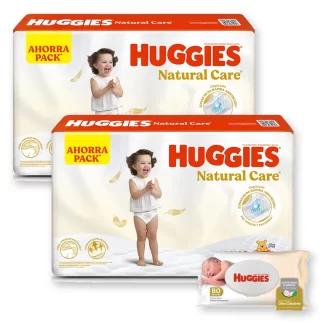 Combo 2 Pañales Huggies Natural Care y Toallitas Húmedas Óleo Calcáreo x80u XXG