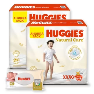 Combo 2 Pañales Huggies Natural Care y Toallitas Húmedas Óleo Calcáreo x80u XXXG