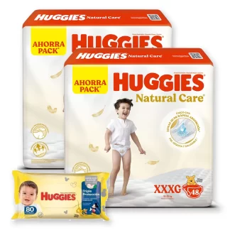 Combo 2 Pañales Huggies Natural Care + Toallitas Húmedas x80 unidades XXXG