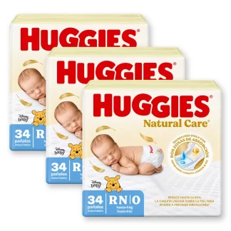 102 Pañales Huggies Natural Care Recién Nacido (RN)