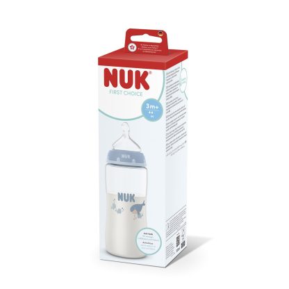 Imagen 3 de 3 de Mamadera Nuk First Choice+ 300 ml Flujo M Anticólicos Ballena Celeste