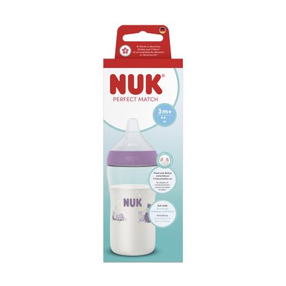 Imagen 3 de 4 de Mamadera Nuk Perfect Match 260 ml Flujo M Anticólicos Hipopótamo Violeta