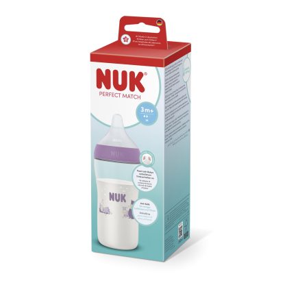 Imagen 4 de 4 de Mamadera Nuk Perfect Match 260 ml Flujo M Anticólicos Hipopótamo Violeta